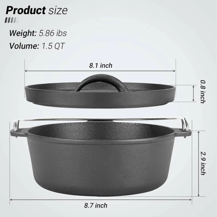 Northriver Casting 3 Quart Pre-Seasoned Cast Iron Dutch Oven with Lid – Camping, Braising, Baking, Frying, BBQ Cookware for Sourdough Bread & Outdoor Cooking