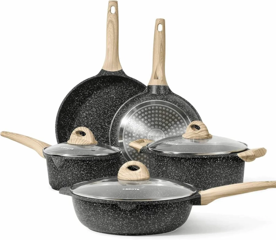 CAROTE 10-Piece Nonstick Cookware Set, White Granite Pots and Pans for Induction, PFOS & PFOA Free Kitchen Cooking Set with Frying Pans & Saucepans