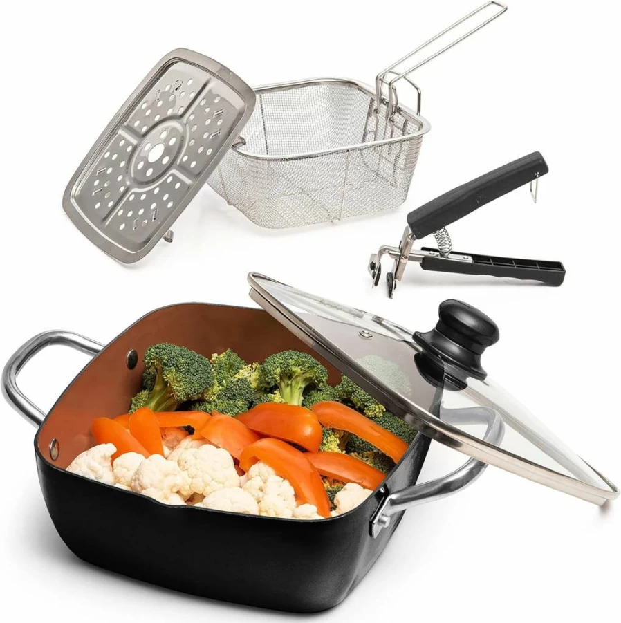 Moss & Stone 5-Piece Copper Cookware Set: 9.5" Nonstick Deep Square Fry Pan, Fry Basket, Steamer Rack, 5 Quart Induction Compatible, Oven & Dishwasher Safe (9.5"x3.5")