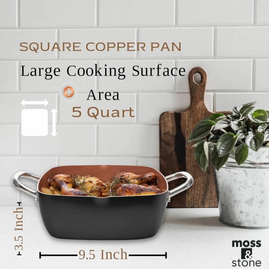 Moss & Stone 5-Piece Copper Cookware Set: 9.5" Nonstick Deep Square Fry Pan, Fry Basket, Steamer Rack, 5 Quart Induction Compatible, Oven & Dishwasher Safe (9.5"x3.5")