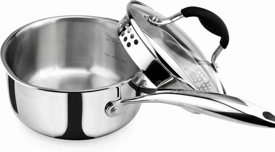 AVACRAFT 2.5 Quart Stainless Steel Saucepan with Glass Lid, Ergonomic Handle & Side Spouts, 5-Ply Capsule Bottom for Even Heating, Multipurpose Cooking Pot