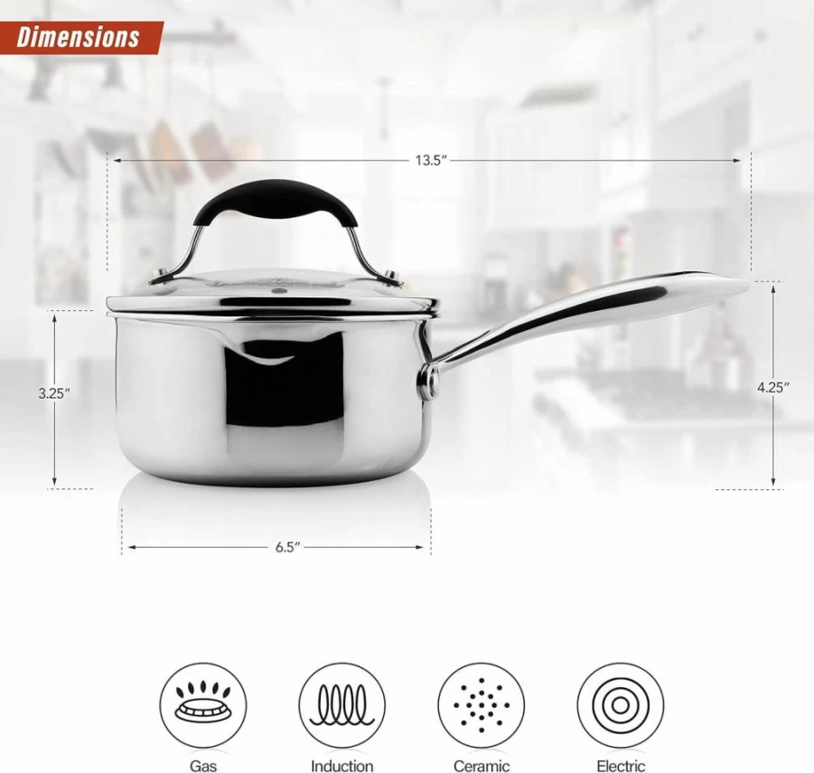 AVACRAFT 2.5 Quart Stainless Steel Saucepan with Glass Lid, Ergonomic Handle & Side Spouts, 5-Ply Capsule Bottom for Even Heating, Multipurpose Cooking Pot