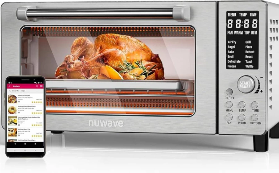 Nuwave Bravo 10-in-1 Smart Air Fryer Toaster Oven with Convection, 1800W, 21QT Capacity, 50°F-450°F Temperature Control, Dual Heating Elements, PFAS-Free Stainless Steel Countertop Oven