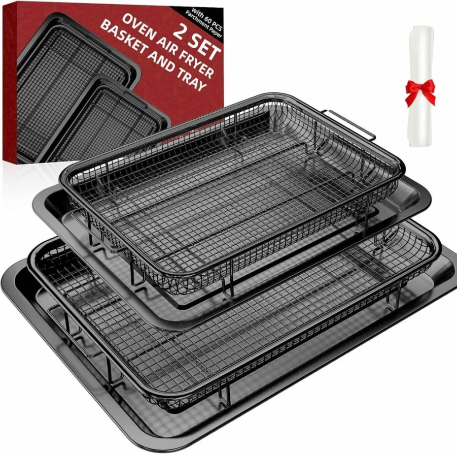 DEGOVIN Non-Stick Air Fryer Basket Set for Oven - 2 Stainless Steel Crisper Trays (15.8" & 13") with 60 Parchment Papers - Compatible with Convection Ovens