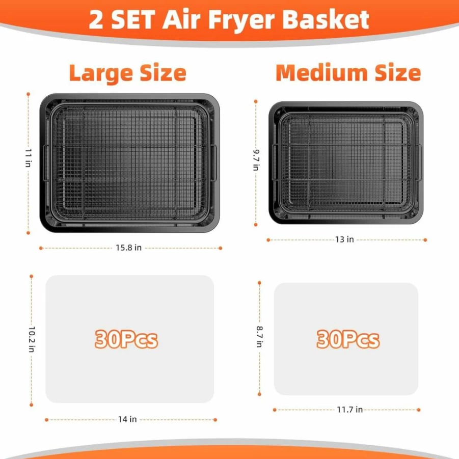 DEGOVIN Non-Stick Air Fryer Basket Set for Oven - 2 Stainless Steel Crisper Trays (15.8" & 13") with 60 Parchment Papers - Compatible with Convection Ovens