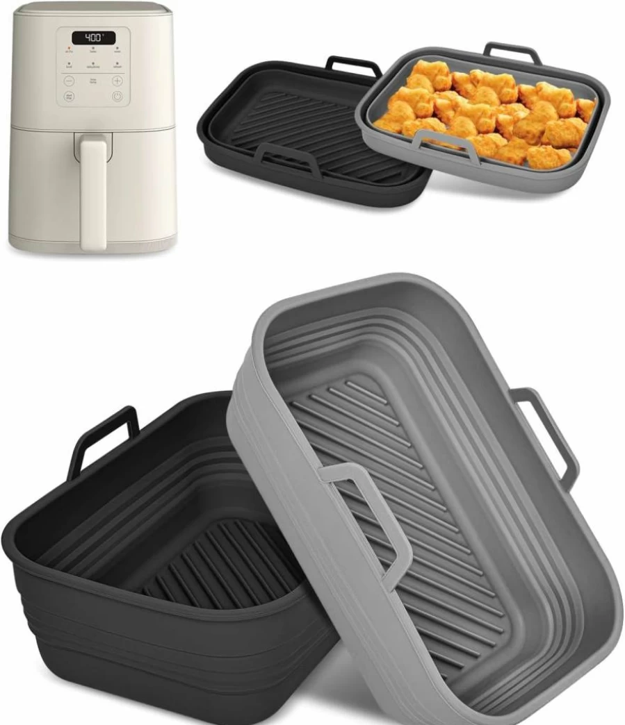 MMH Reusable Silicone Air Fryer Liners 2-Pack, Non-Stick Basket Insert for 4Qt Air Fryers, Collapsible Gray & Black Pot for Easy Cleaning & Storage