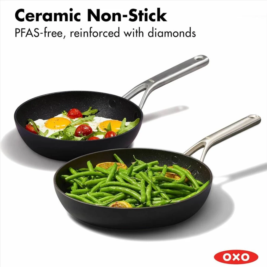 OXO Professional 8" & 10" Nonstick Frying Pan Set, Hard Anodized Ceramic Cookware, PFAS-Free, Induction Compatible, Diamond Reinforced Coating, Dishwasher & Oven Safe, Black