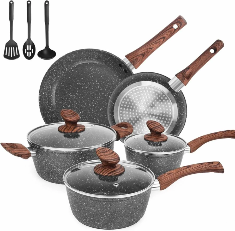 M MELENTA 11-Piece Granite Nonstick Cookware Set, PFOS/PFOA/PFAS/PTFE Free Induction-Compatible Pots and Pans with Frying Pans & Saucepans