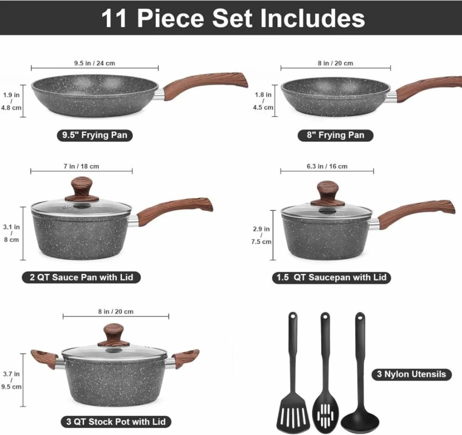 M MELENTA 11-Piece Granite Nonstick Cookware Set, PFOS/PFOA/PFAS/PTFE Free Induction-Compatible Pots and Pans with Frying Pans & Saucepans