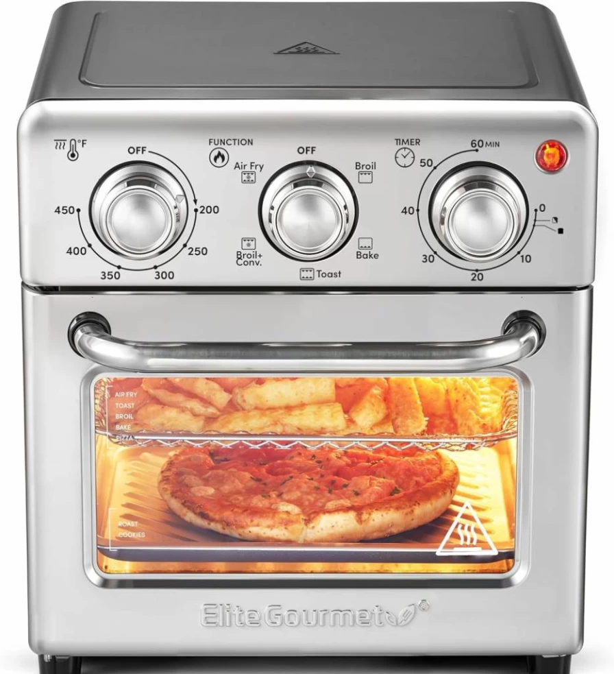 Elite Gourmet 8.5Qt Stainless Steel Air Fryer Oven with Convection, 800W for Frying, Baking, Broiling & Toasting, Includes 25 Recipes