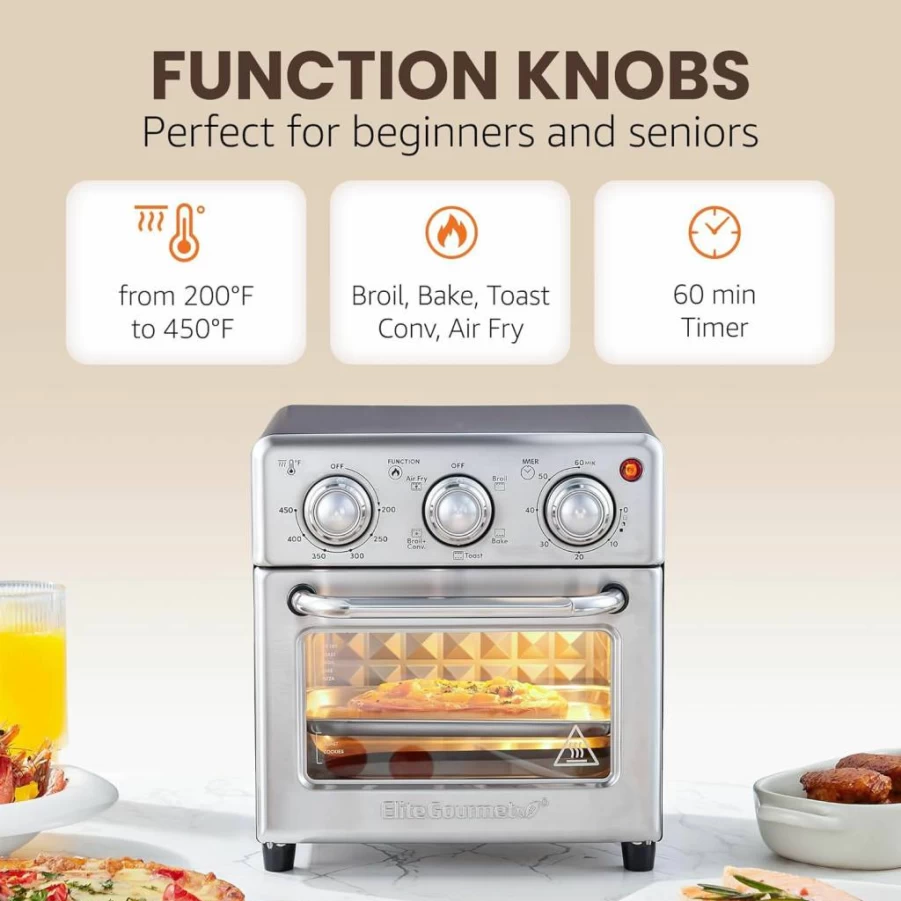 Elite Gourmet 8.5Qt Stainless Steel Air Fryer Oven with Convection, 800W for Frying, Baking, Broiling & Toasting, Includes 25 Recipes