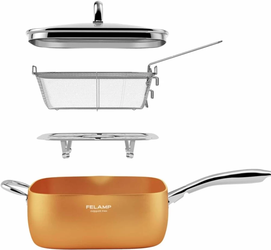 FeLamp 4-Piece Copper Ceramic Nonstick Cookware Set: 9.5-Inch Deep Square Frying Pan, Glass Lid, Stainless Steel Basket & Steamer Rack, Induction, Oven & Dishwasher Safe