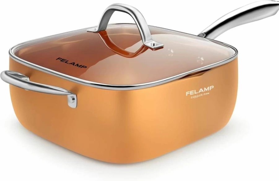 FeLamp 4-Piece Copper Ceramic Nonstick Cookware Set: 9.5-Inch Deep Square Frying Pan, Glass Lid, Stainless Steel Basket & Steamer Rack, Induction, Oven & Dishwasher Safe