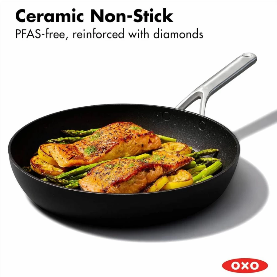 OXO Professional 12" Nonstick Frying Pan Skillet, Hard Anodized Ceramic Coating, PFAS-Free, Induction Compatible, Stainless Steel Handle, Dishwasher & Oven Safe, Diamond Reinforced, Black Cookware