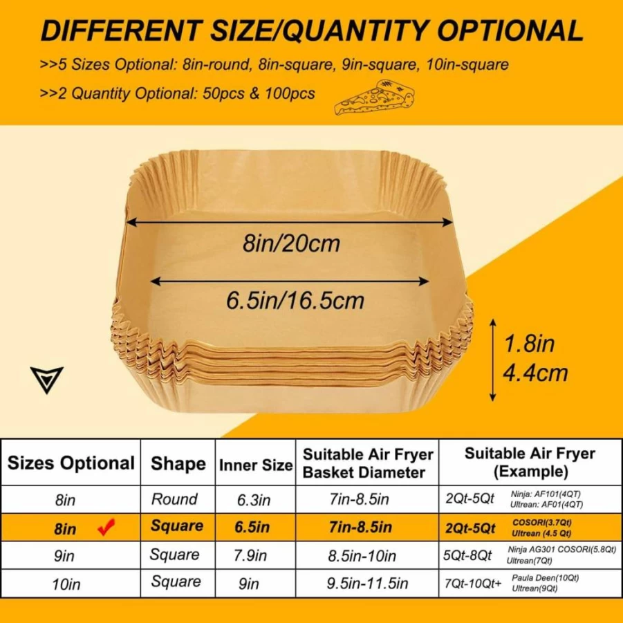 BYKITCHEN 9-Inch Disposable Air Fryer Parchment Paper Liners (100-Pack) – Compatible with Ninja Foodi AG301 Grill, AF141 Pro 4-in-1 & 5-8 QT Air Fryers, Non-Stick Square Filter Sheets for Easy Cleanup