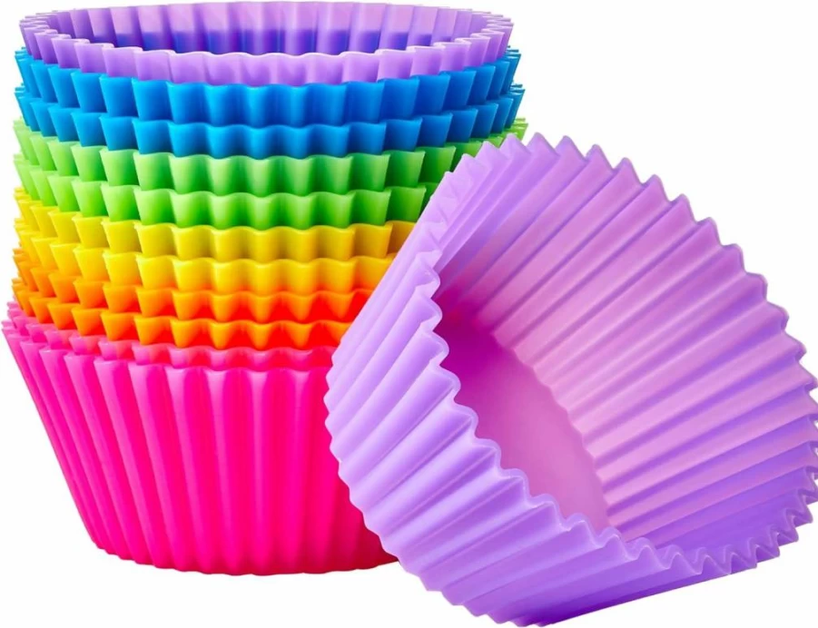 Amazon Basics 12-Pack Reusable Silicone Baking Cups, BPA-Free Non-Stick Muffin Liners, Dishwasher & Oven Safe, 2.9x2.9x1.3 Inches, Vibrant Multicolor for Cupcakes & Desserts