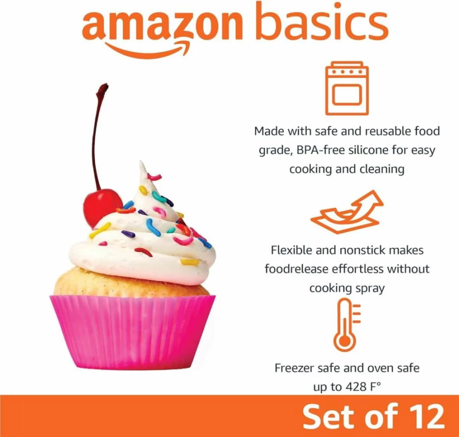Amazon Basics 12-Pack Reusable Silicone Baking Cups, BPA-Free Non-Stick Muffin Liners, Dishwasher & Oven Safe, 2.9x2.9x1.3 Inches, Vibrant Multicolor for Cupcakes & Desserts