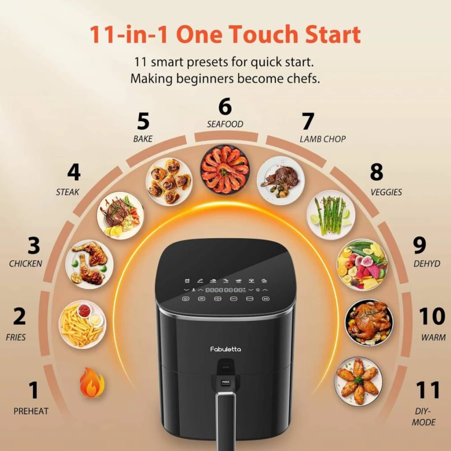 FABULETTA 6Qt Air Fryer 11-in-1 with 450°F Max Crisp, Nonstick Dishwasher Safe Basket, Shake Reminder for Roasting Baking Reheating, Black