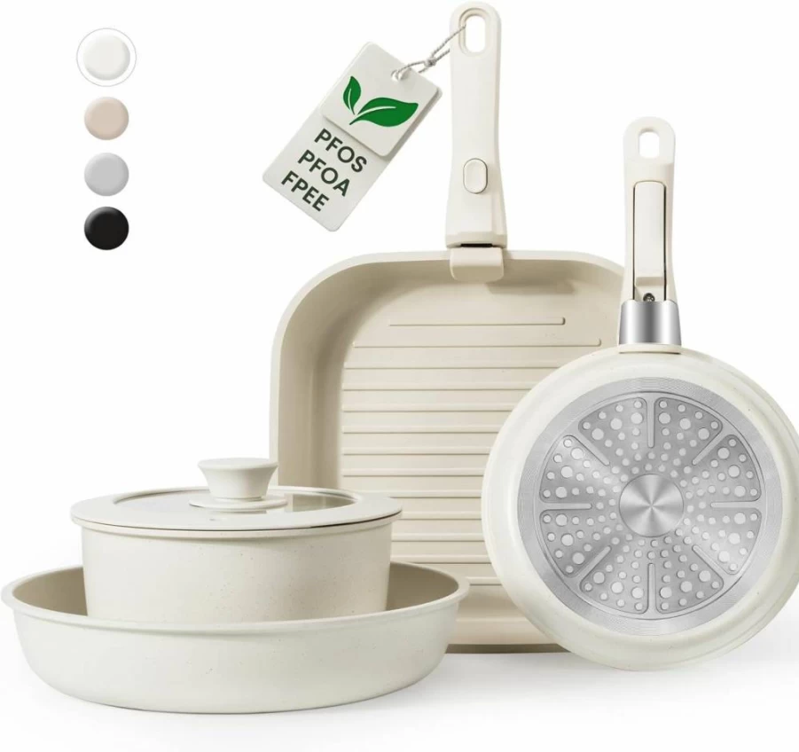 Kikcoin 7-Piece Non-Toxic Ceramic Cookware Set: Nonstick Pots, Pans & Grill Pan with Detachable Handles for Healthy Cooking