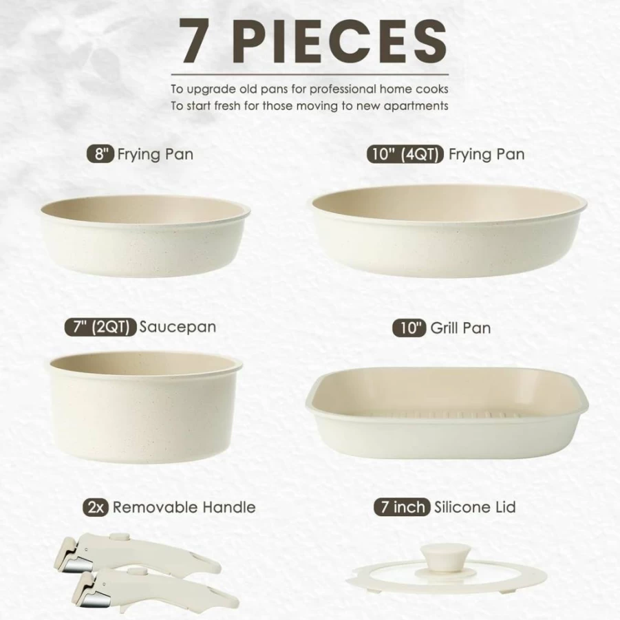 Kikcoin 7-Piece Non-Toxic Ceramic Cookware Set: Nonstick Pots, Pans & Grill Pan with Detachable Handles for Healthy Cooking
