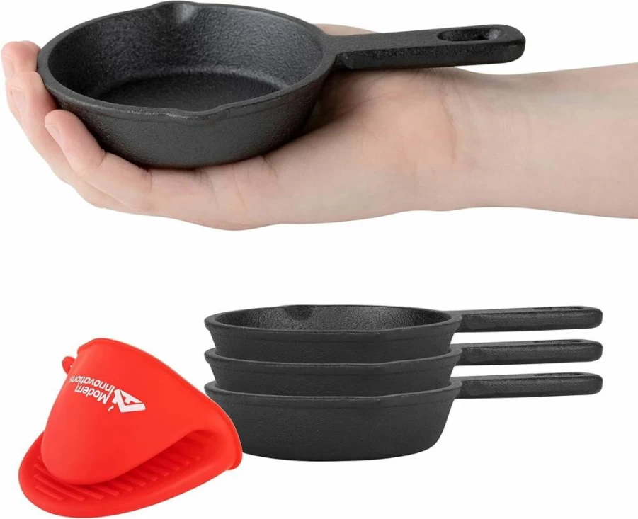 Modern Innovations 4-Piece Mini Cast Iron Skillet Set - 3.5 Inch Pre-Seasoned Black Skillets with Silicone Mitt for Baking Cookies, Brownies & Eggs