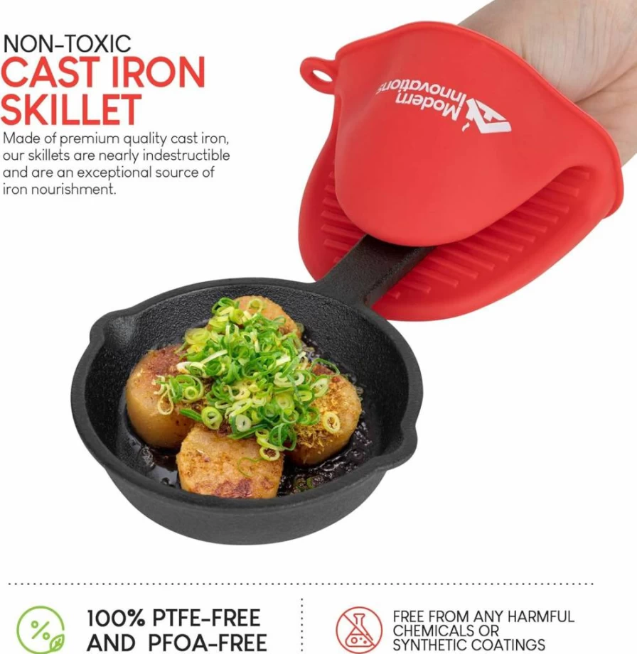Modern Innovations 4-Piece Mini Cast Iron Skillet Set - 3.5 Inch Pre-Seasoned Black Skillets with Silicone Mitt for Baking Cookies, Brownies & Eggs