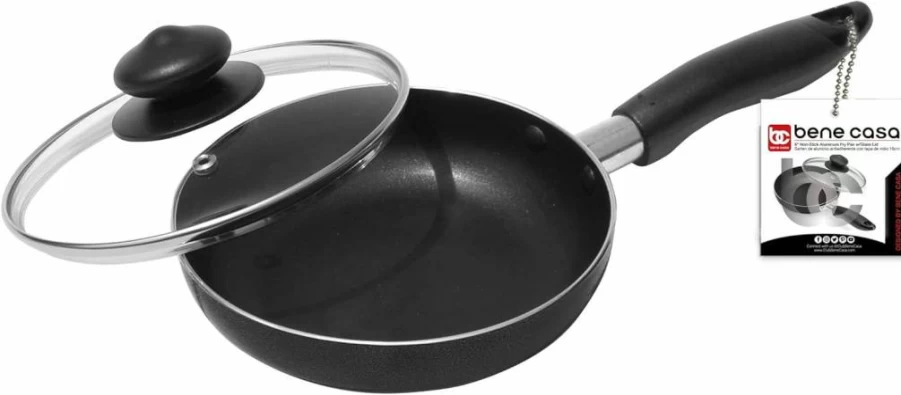 Bene Casa 6 Inch Nonstick Black Aluminum Fry Pan with Tempered Glass Lid - Dishwasher Safe, Induction Compatible, Easy Clean Frying Pan for Oven & Stovetop Use