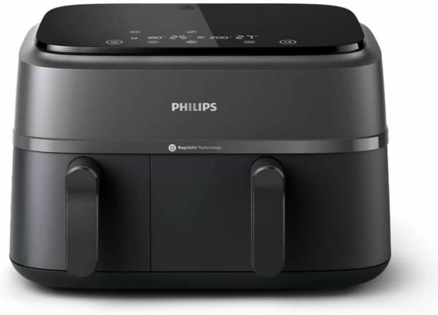 PHILIPS Dual Basket Air Fryer 3000 Series, 8-in-1 Functions, 9.5 QT Large Capacity, 2 Independent Drawers, SyncCook Technology, Rapid Air for 90% Less Fat, Digital Display, Dishwasher Safe, Black (Model Na350/00)