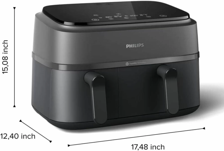 PHILIPS Dual Basket Air Fryer 3000 Series, 8-in-1 Functions, 9.5 QT Large Capacity, 2 Independent Drawers, SyncCook Technology, Rapid Air for 90% Less Fat, Digital Display, Dishwasher Safe, Black (Model Na350/00)