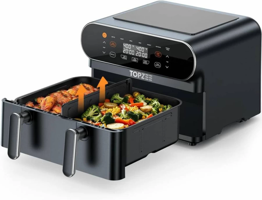 Topzee 11-Qt XL 8-in-1 Air Fryer with Flex Basket & Divider for Dual Cooking - Preheat, Air Fry, Roast, Bake, Broil, Reheat, Dehydrate - Dishwasher Safe Black Airfryer for French Fries & Healthy Meals
