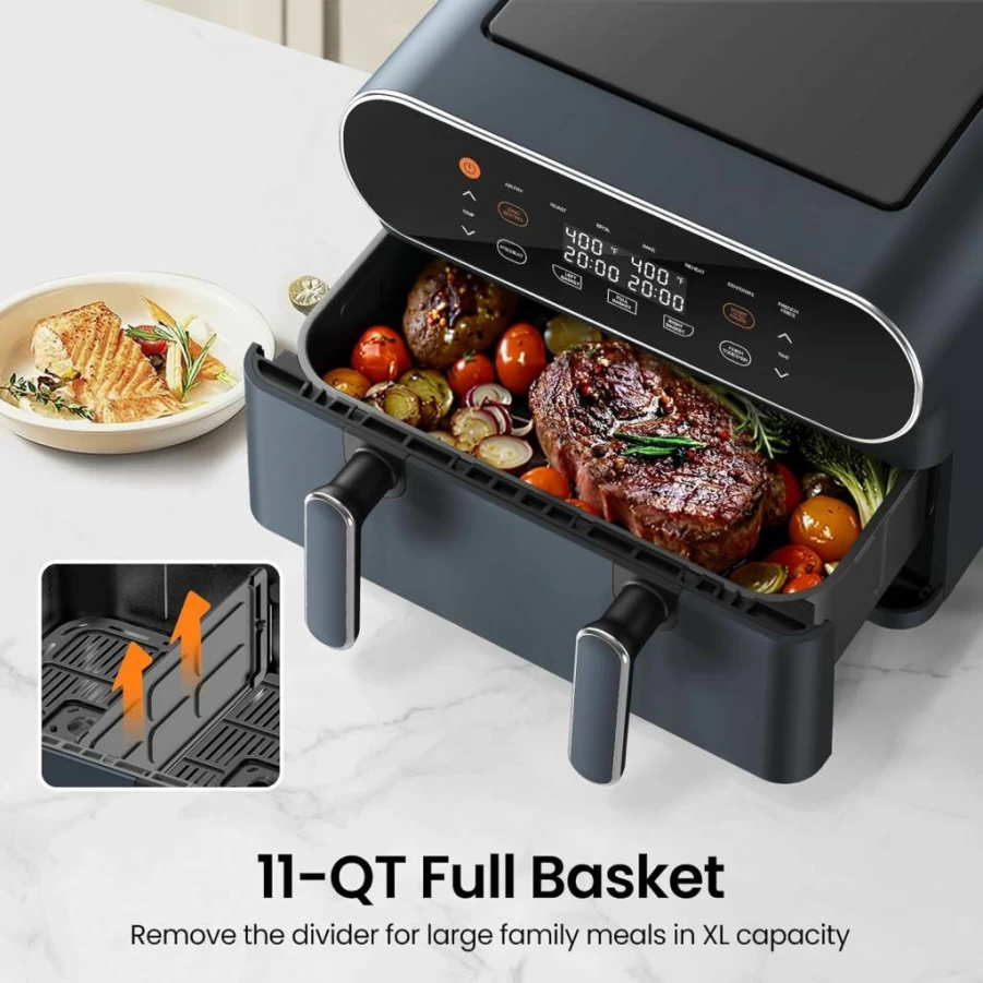 Topzee 11-Qt XL 8-in-1 Air Fryer with Flex Basket & Divider for Dual Cooking - Preheat, Air Fry, Roast, Bake, Broil, Reheat, Dehydrate - Dishwasher Safe Black Airfryer for French Fries & Healthy Meals