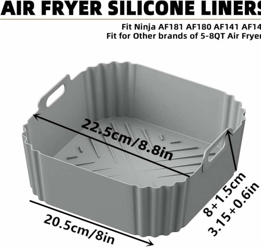 LYHOLKEER 8.8-Inch Square Reusable Silicone Air Fryer Liners (2-Pack) – Compatible with Ninja, Cosori, Chefman, Instant Pot & 5-8Qt Air Fryers – Non-Stick Basket Accessories