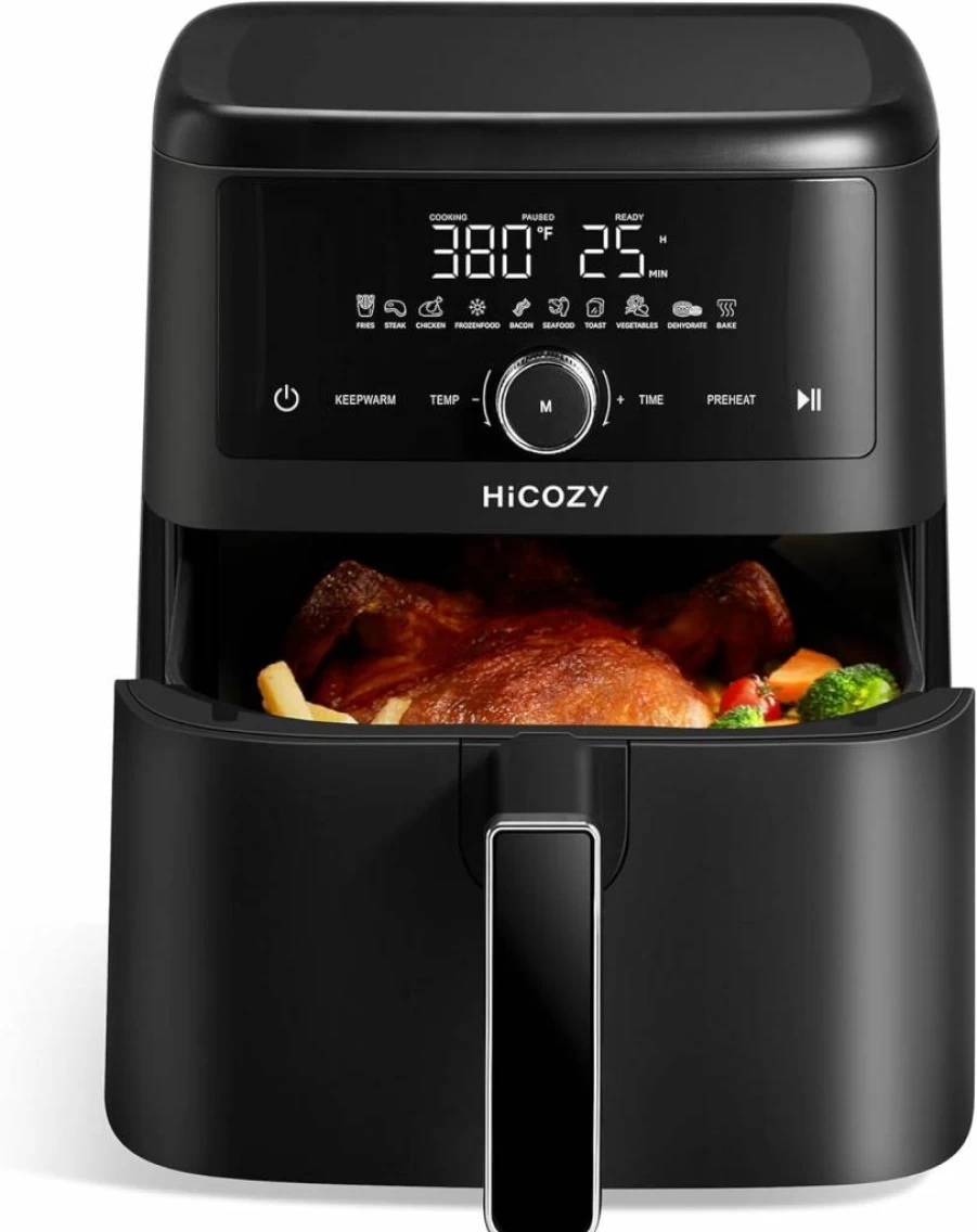 Hicozy 6Qt Air Fryer with Flash Crisp Technology, 10-In-1 Functions for Roasting, Reheating & Dehydrating, 400F Fast Cooking, Family Size, Black