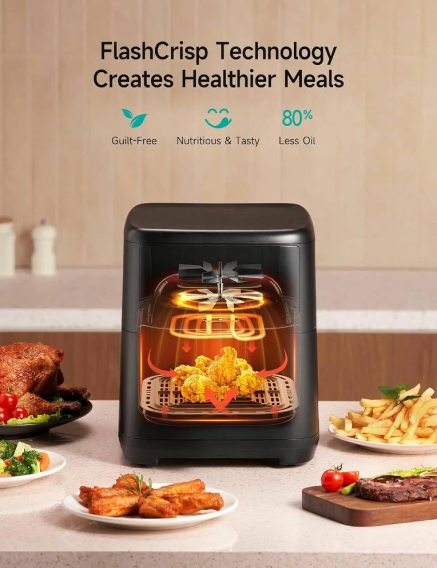 Hicozy 6Qt Air Fryer with Flash Crisp Technology, 10-In-1 Functions for Roasting, Reheating & Dehydrating, 400F Fast Cooking, Family Size, Black