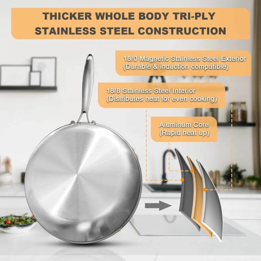 EWFEN 12 Inch Tri-Ply Stainless Steel Frying Pan with Detachable Handle, Induction Compatible, Oven & Dishwasher Safe, Even Heat Distribution for Professional Cooking