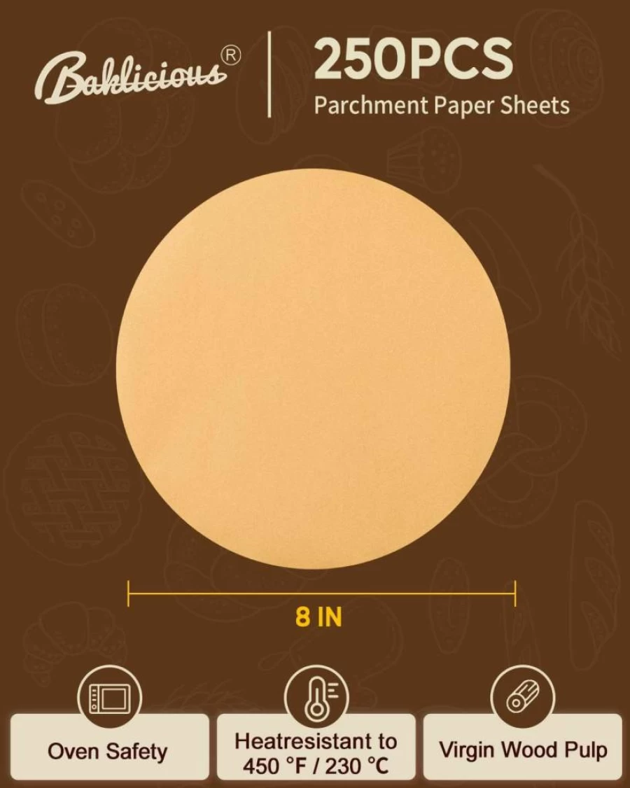 BAKLICIOUS 8 Inch Round Parchment Paper - 250 Pack, Non-Stick Baking Sheets for Cakes, Cookies, Tortillas & Patty Separation, Premium Quality Parchment Circles for Baking & Cooking