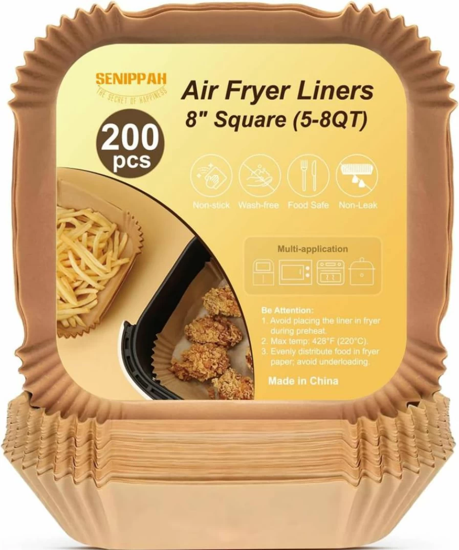 SENIPPAH 200-Pack 8 Inch Unbleached Square Parchment Paper Liners for Air Fryer, Non-Stick & Leak-Proof Disposable Air Fryer Basket Liners Fits 5-8 Quart Models