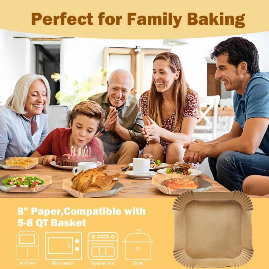 SENIPPAH 200-Pack 8 Inch Unbleached Square Parchment Paper Liners for Air Fryer, Non-Stick & Leak-Proof Disposable Air Fryer Basket Liners Fits 5-8 Quart Models