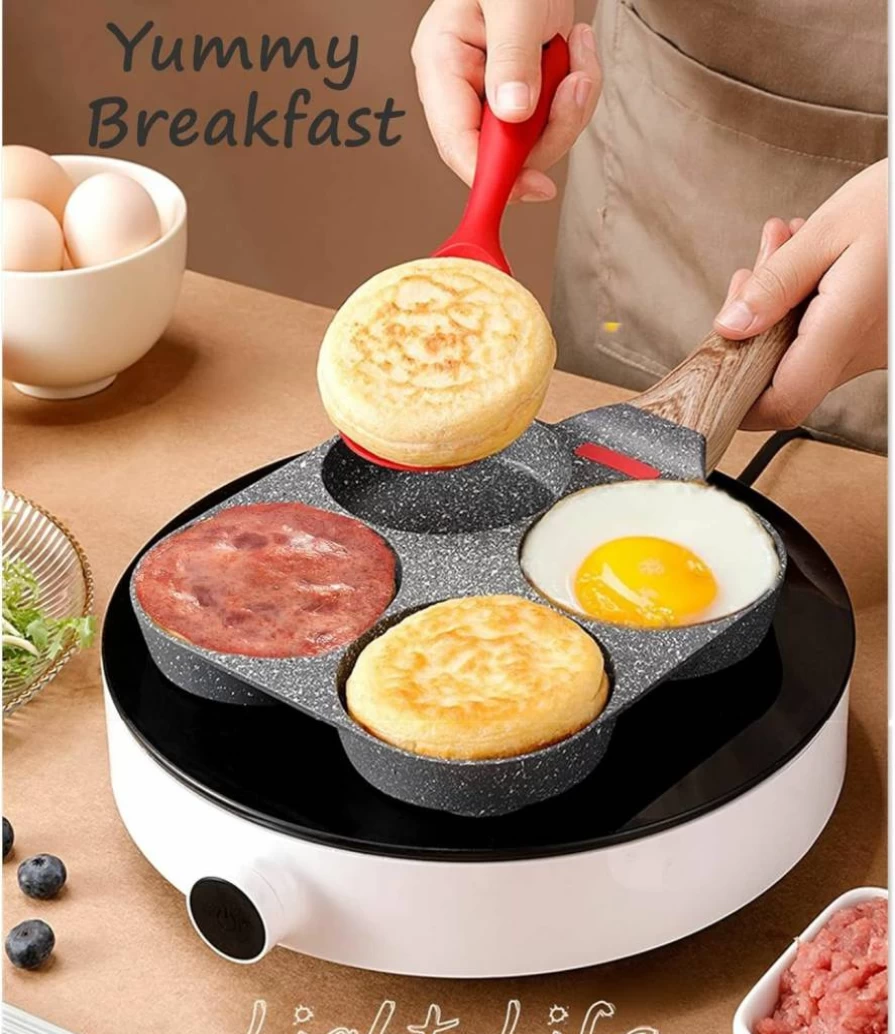 HUPECHAM 4-Cup Nonstick Egg Pan - Granite Coated Frying Pan for Eggs, Pancakes, Crepes - Works on Gas & Induction Stovetops
