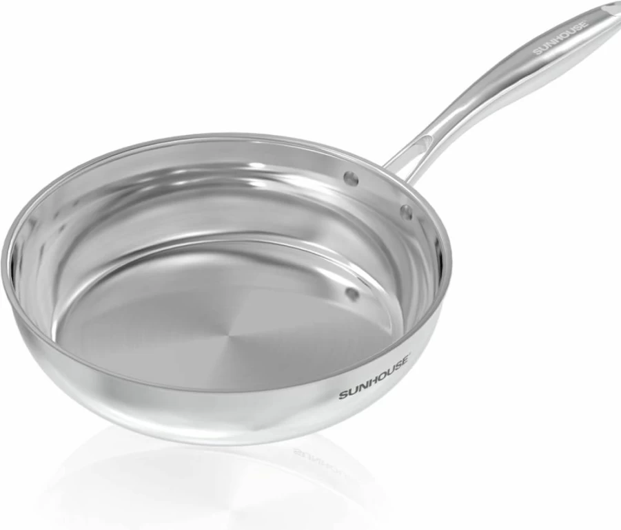 Sunhouse 8 Inch Stainless Steel Frying Pan, 18/10 Whole-Clad Oven Safe Skillet with Stay-Cool Handle, Dishwasher Safe for All Cooktops