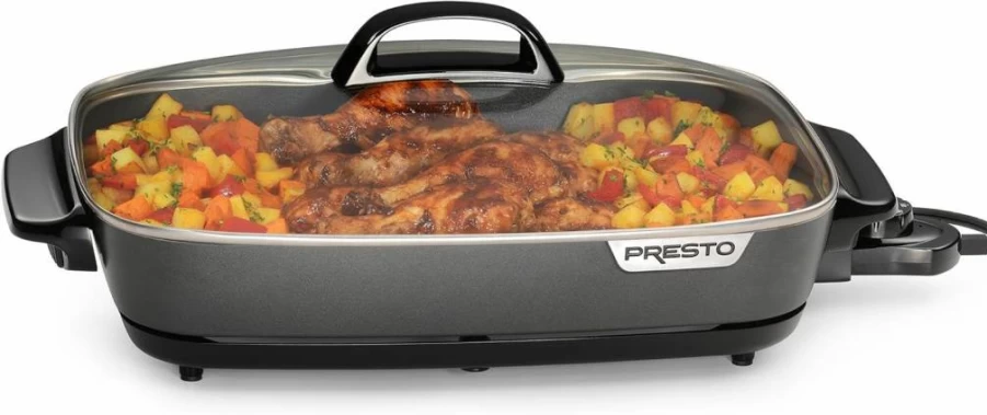 Presto 16-Inch Electric Skillet with Glass Lid - Nonstick Surface, Adjustable Temperature Control, Black Slimline Design for Even Heating