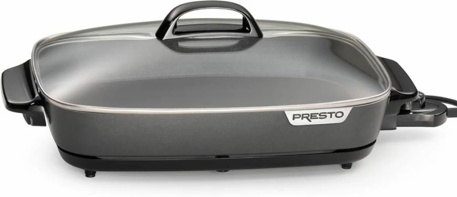 Presto 16-Inch Electric Skillet with Glass Lid - Nonstick Surface, Adjustable Temperature Control, Black Slimline Design for Even Heating