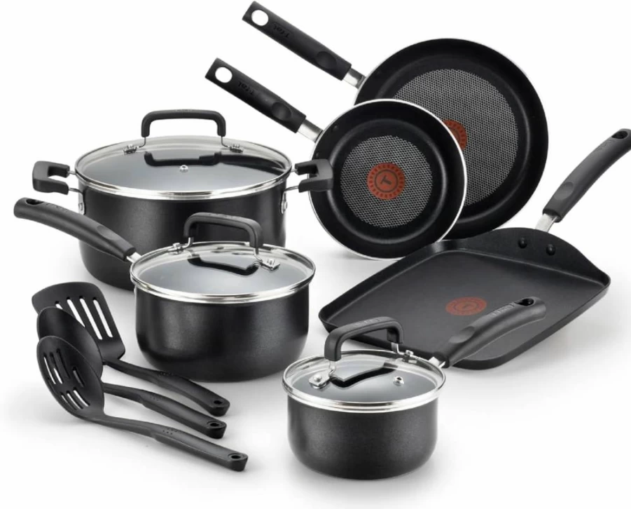 T-Fal Signature 12-Piece Nonstick Cookware Set - Oven Safe to 350°F, Dishwasher Safe, Includes Fry Pans, Saucepans, Saute Pan, Dutch Oven & Griddle, Black