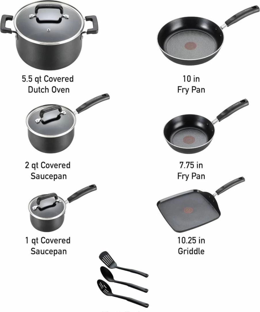 T-Fal Signature 12-Piece Nonstick Cookware Set - Oven Safe to 350°F, Dishwasher Safe, Includes Fry Pans, Saucepans, Saute Pan, Dutch Oven & Griddle, Black