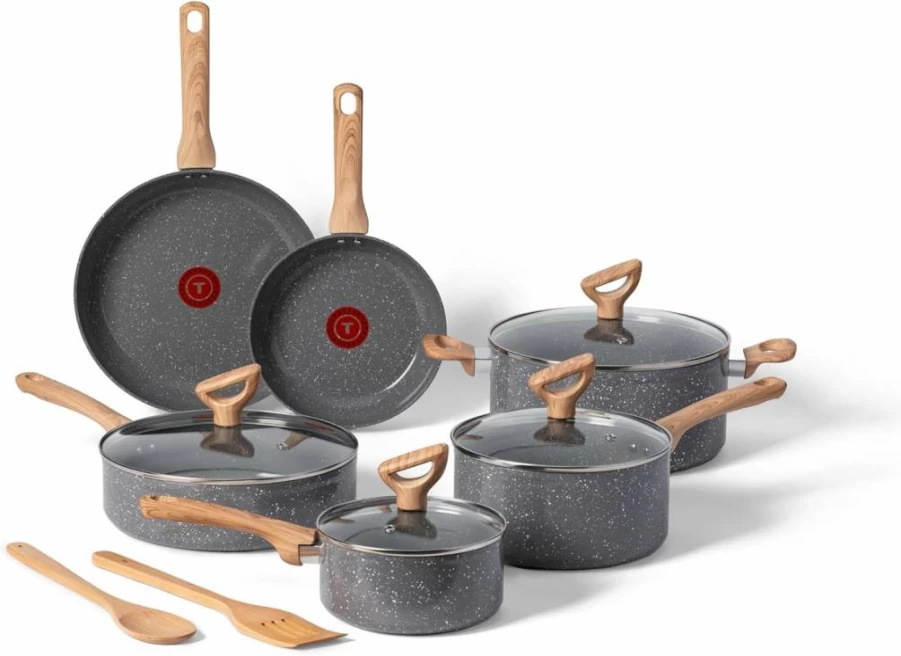 T-Fal Signature 12-Piece Nonstick Cookware Set - Oven Safe to 350°F, Dishwasher Safe, Includes Fry Pans, Saucepans, Saute Pan, Dutch Oven & Griddle, Black
