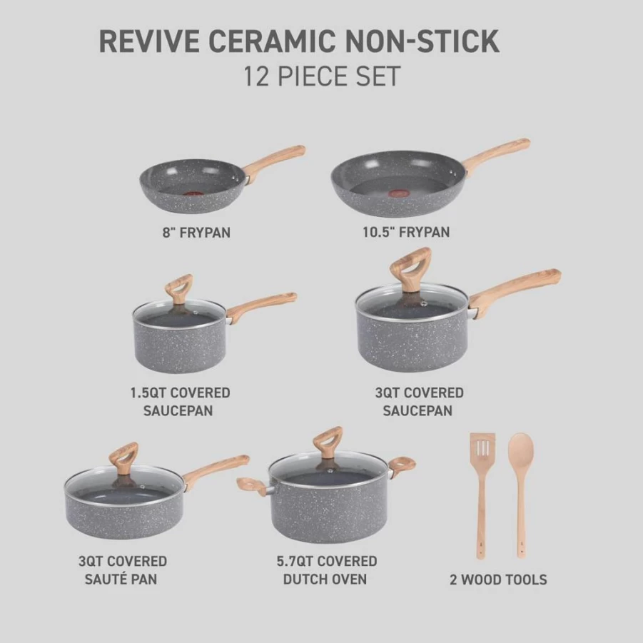 T-Fal Signature 12-Piece Nonstick Cookware Set - Oven Safe to 350°F, Dishwasher Safe, Includes Fry Pans, Saucepans, Saute Pan, Dutch Oven & Griddle, Black