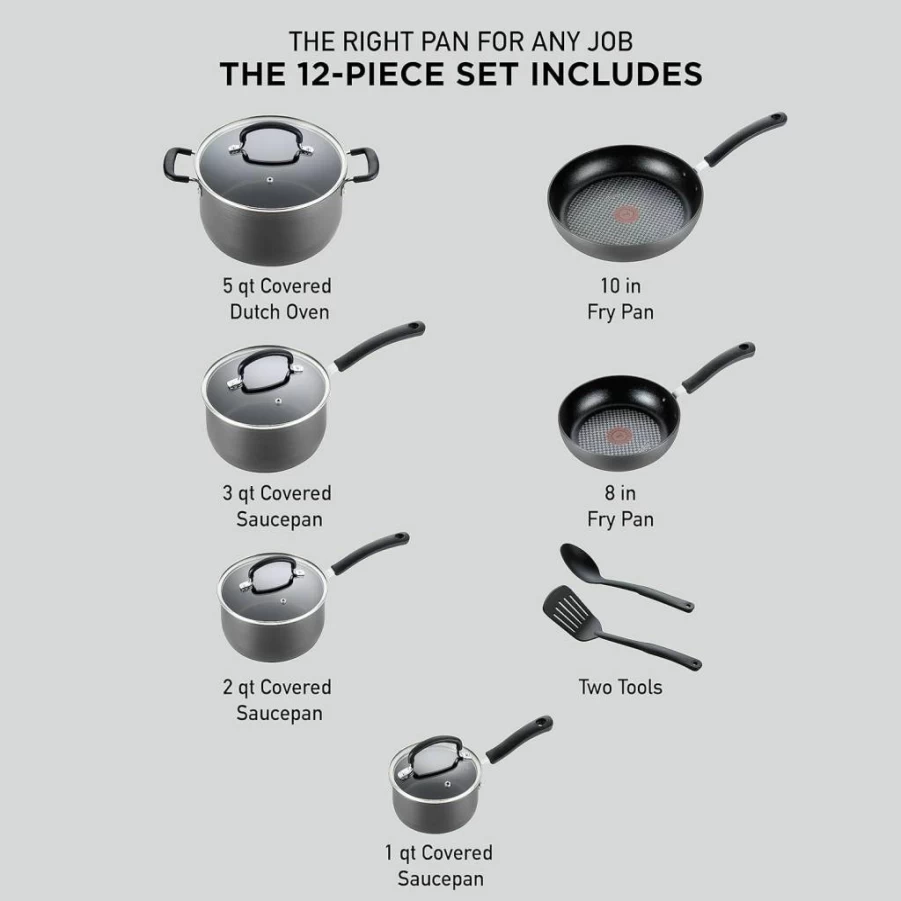 T-fal Ultimate Hard Anodized Nonstick Cookware Set - 2-Piece (10" & 12") Frying Pans, Oven Safe to 400°F, Dishwasher Safe, Durable Kitchen Skillets, Grey