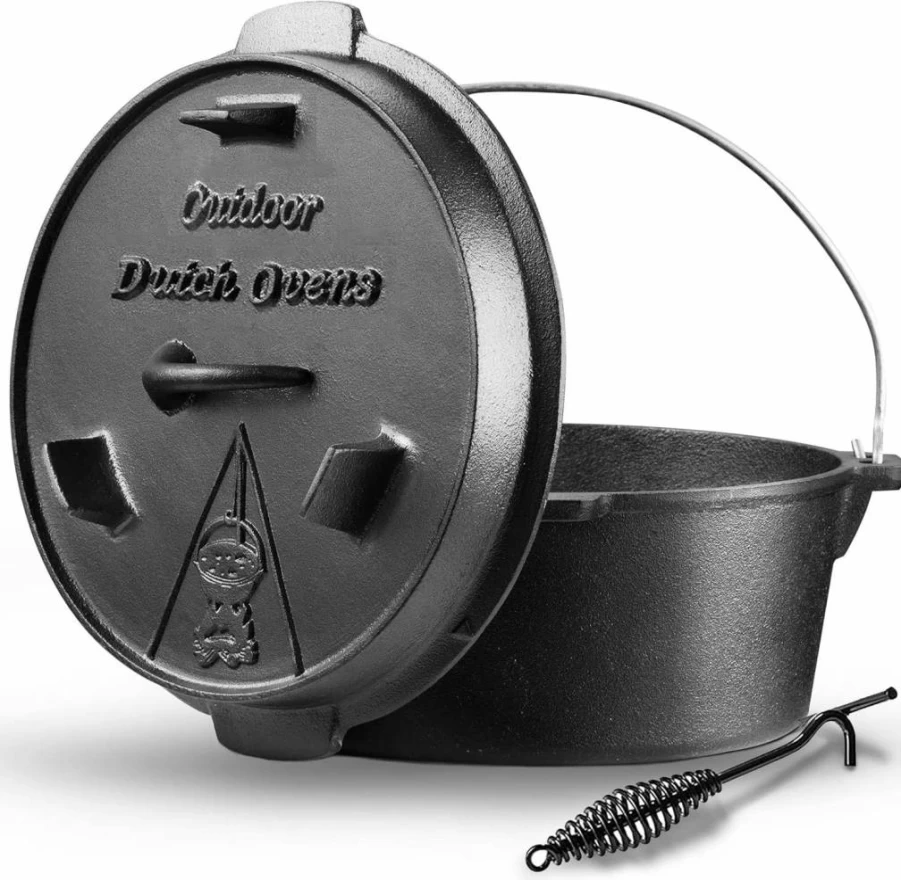 NSIRONS 12 Qt Pre-Seasoned Cast Iron Dutch Oven with Lid & Lifter - Camping, BBQ, Baking, Campfire Cookware - Modern Black Outdoor Cooking Pot