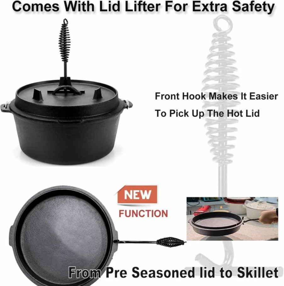NSIRONS 12 Qt Pre-Seasoned Cast Iron Dutch Oven with Lid & Lifter - Camping, BBQ, Baking, Campfire Cookware - Modern Black Outdoor Cooking Pot