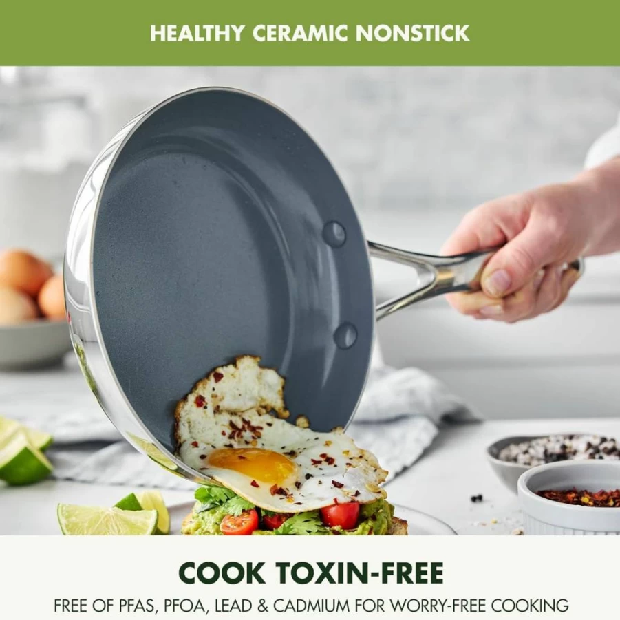 GreenPan Valencia Pro 12" Stainless Steel Frying Pan - Tri-Ply Induction Cookware, PFAS-Free Ceramic Nonstick, Oven & Dishwasher Safe Skillet